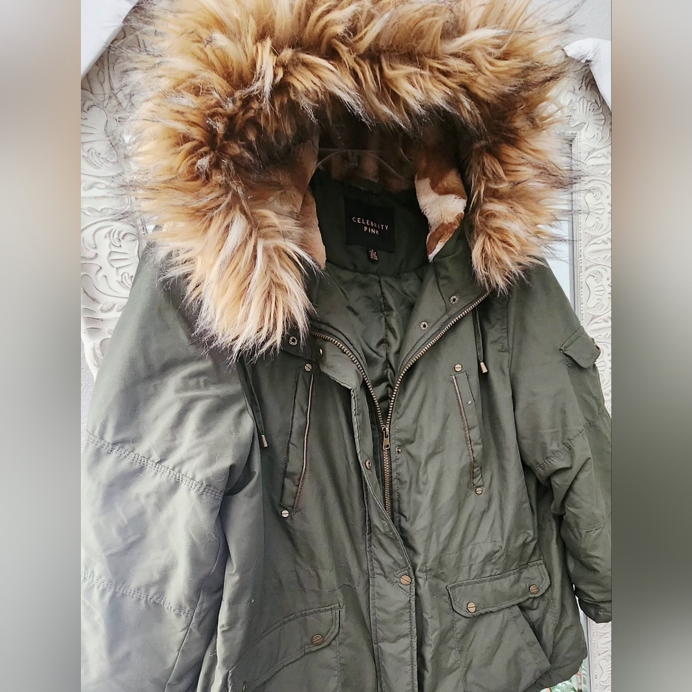 Celebrity Pink Olive Puffer with Faux Fur Hood